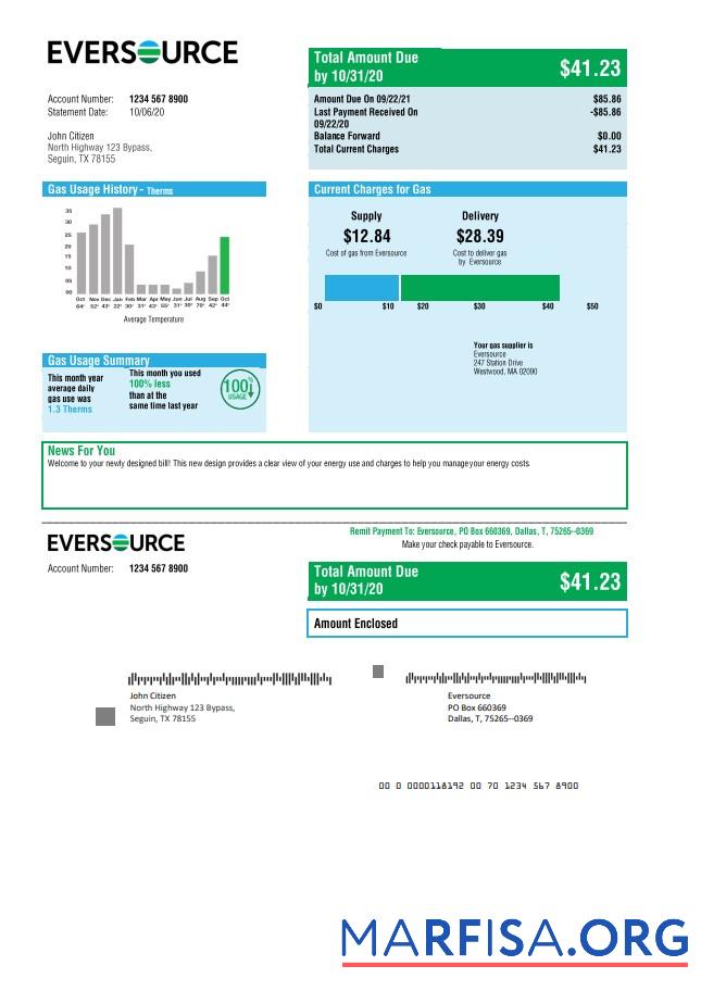 Blank USA Eversource gas utility bill template in Word and PDF format, good for address prove